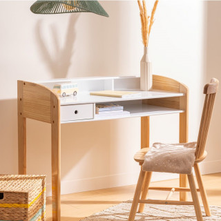Bureau enfant primaire 1 tiroir en bois TOD - Blanc et beige