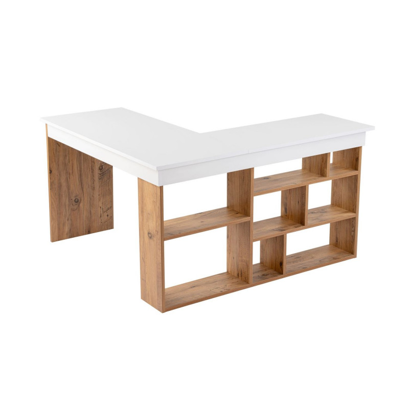 Bureau d'angle avec étagères en bois VESPER - Blanc et marron