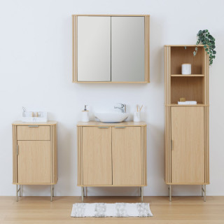 Armoire de salle de bain 2 portes avec miroir effet bois clair LIORA - Beige