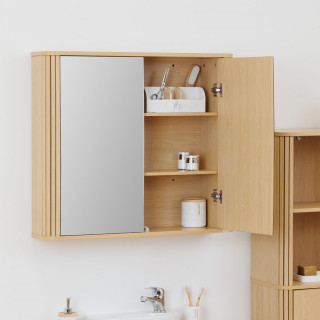 Armoire de salle de bain 2 portes avec miroir effet bois clair LIORA - Beige