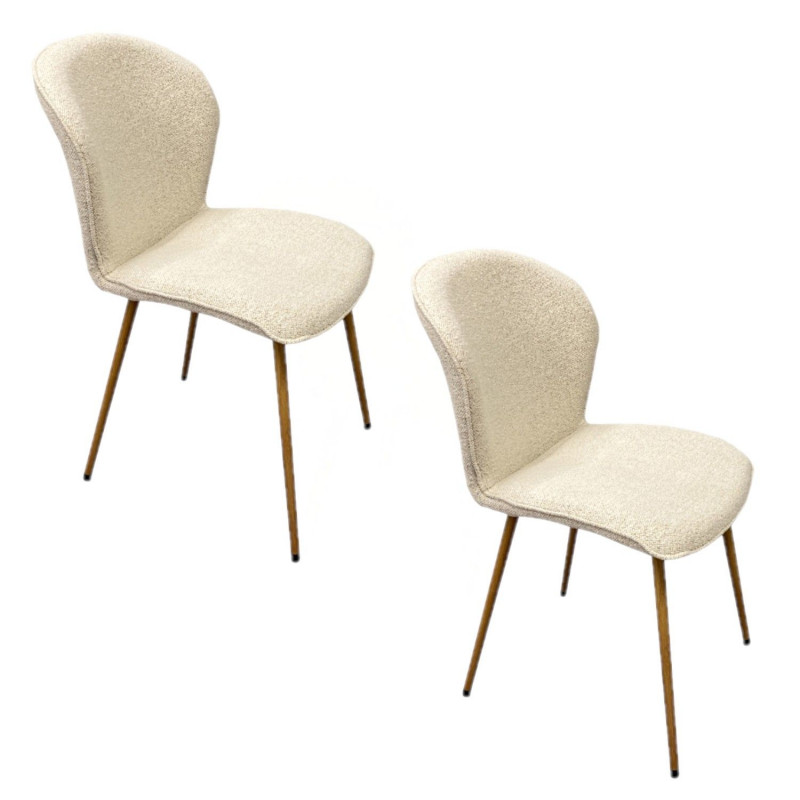 Lot de 2 chaises en tissu bouclette beige et pieds métal effet bois - LINA