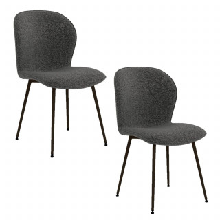 Lot de 2 chaises en tissu bouclette gris foncé et pieds métal noir - LINA