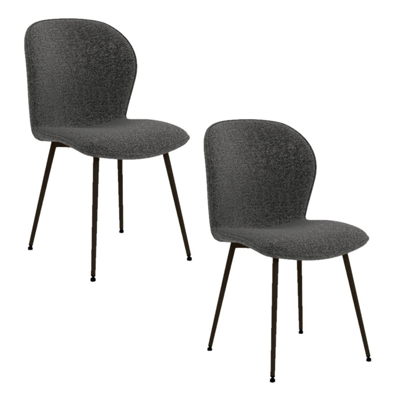 Lot de 2 chaises en tissu bouclette gris foncé et pieds métal noir - LINA