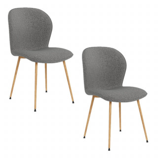 Lot de 2 chaises en tissu bouclette gris et pieds métal effet bois - LINA