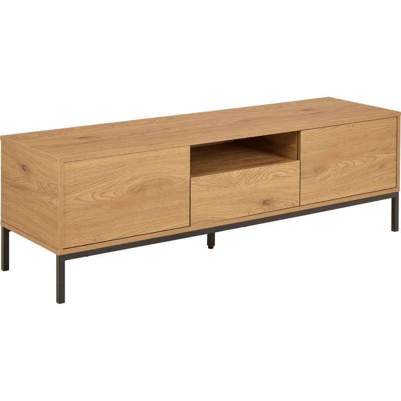 Meuble TV 2 portes et 1 tiroir en bois effet chêne et pieds métal noir – SIRENE