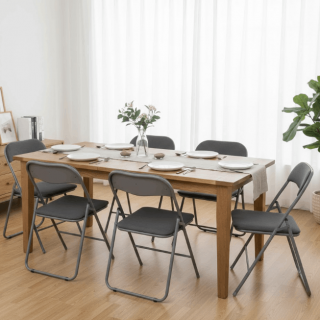 Lot de 6 chaises pliantes en velours gris autour d'une table à manger en bois dans un salon moderne