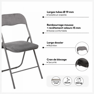 Lot de 6 chaises pliantes effet velours gris clair détails