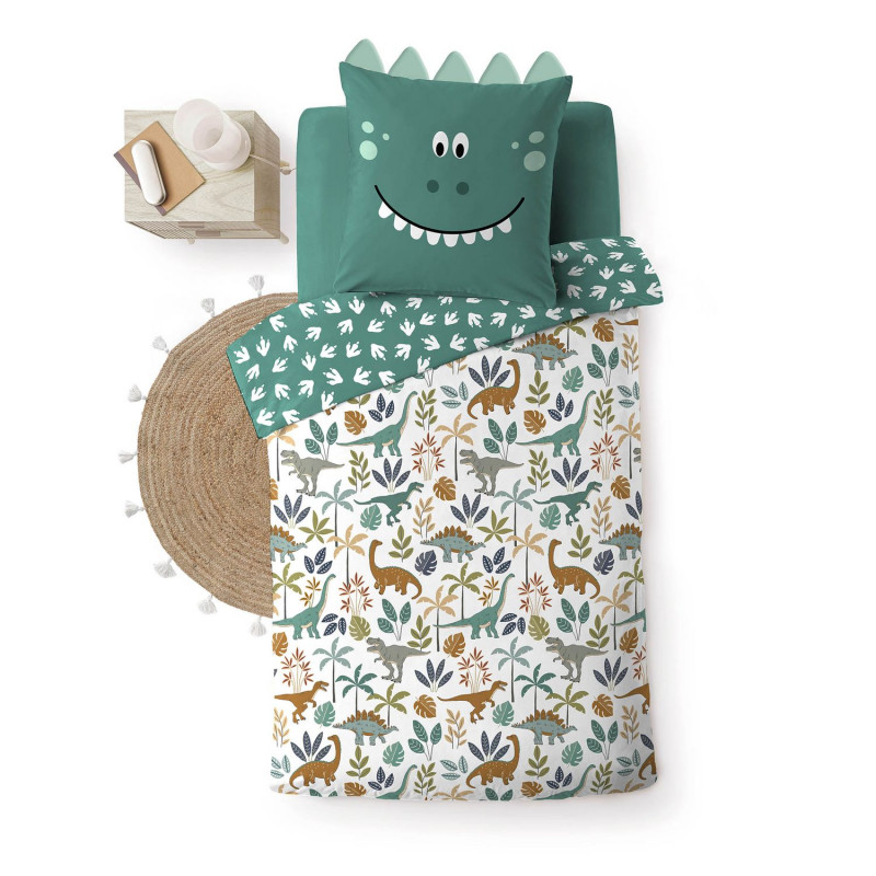 Parure de lit enfant réversible DINO - Coton 42 fils/cm² - 140 x 200 cm - Vert