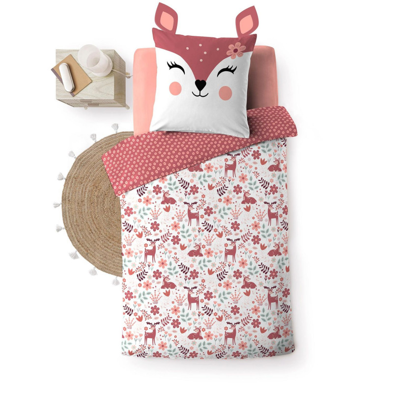 Parure de lit enfant réversible BICHETTE - Coton 42 fils/cm² - 140 x 200 cm - Rose