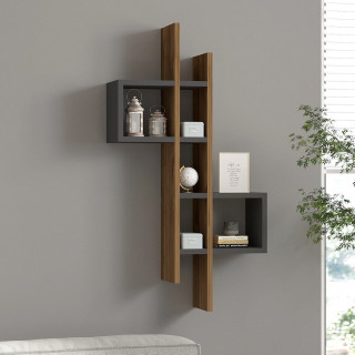 Etagère murale asymétrique décor noyer et gris foncé - ALBA