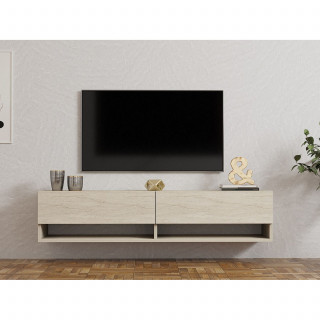Meuble TV suspendu 2 portes basculantes effet travertin - SIENNA