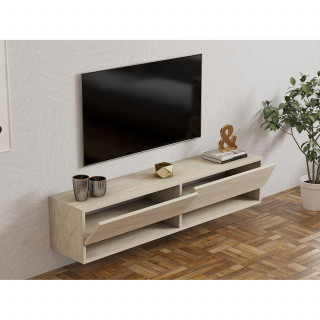 Meuble TV suspendu 2 portes basculantes effet travertin - SIENNA