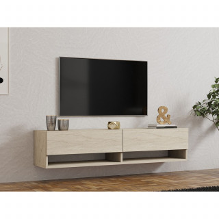 Meuble TV suspendu 2 portes basculantes effet travertin - SIENNA