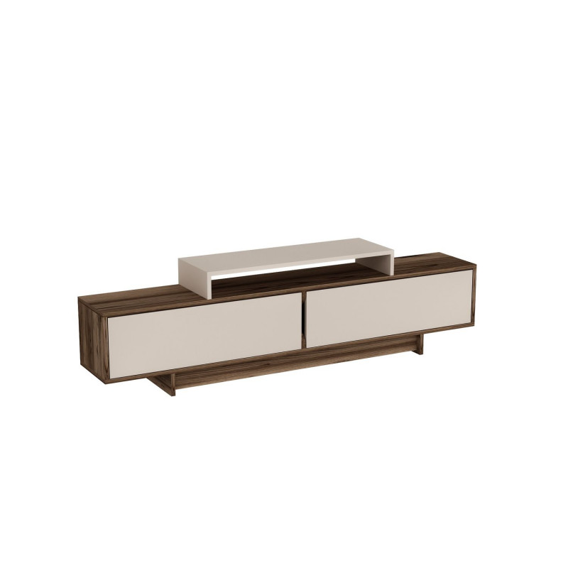 Meuble TV 2 portes basculantes décor noyer et beige - NOELINE