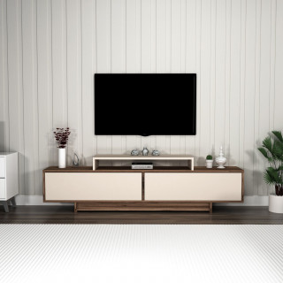 Meuble TV 2 portes basculantes décor noyer et beige - NOELINE