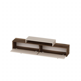 Meuble TV 2 portes basculantes décor noyer et beige - NOELINE