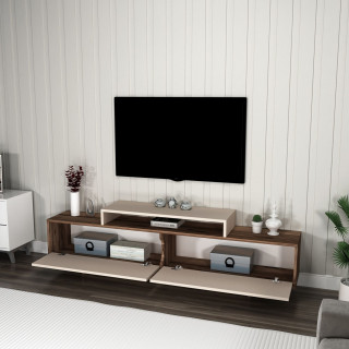 Meuble TV 2 portes basculantes décor noyer et beige - NOELINE
