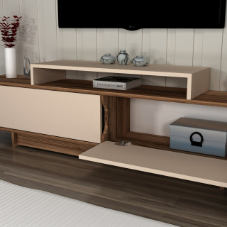 Meuble TV 2 portes basculantes décor noyer et beige - NOELINE