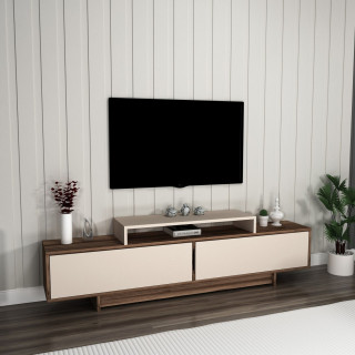 Meuble TV 2 portes basculantes décor noyer et beige - NOELINE