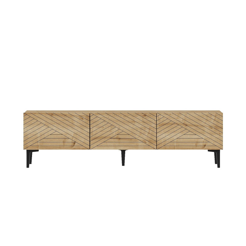 Meuble TV 3 portes basculantes motif chevron décor chêne - MATEO
