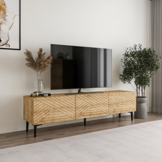 Meuble TV 3 portes basculantes motif chevron décor chêne - MATEO