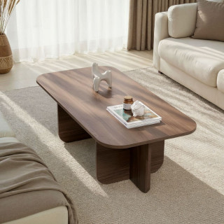Table basse design plateau arrondi décor noyer - LEANDRO