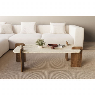 Table basse design effet travertin et noyer - ROMANE