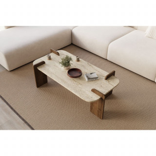 Table basse design effet travertin et noyer - ROMANE