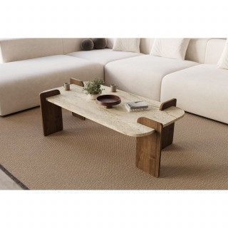 Table basse design effet travertin et noyer - ROMANE