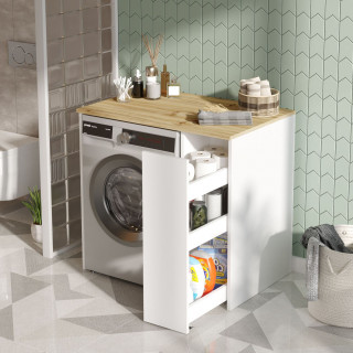 Meuble lave-linge avec plateau et placard latéral blanc