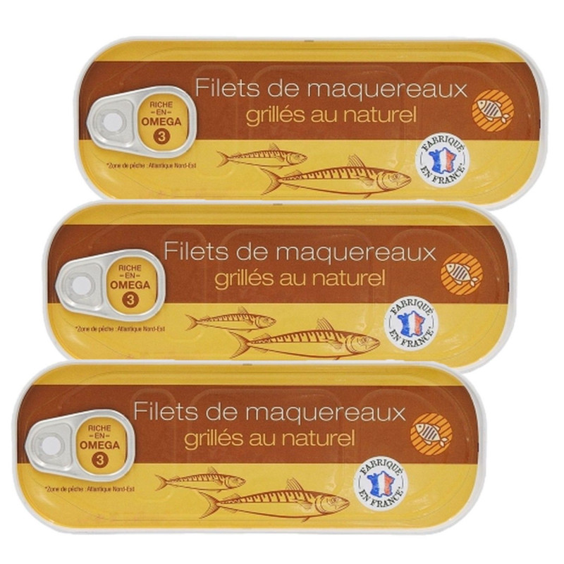 Lot 3x Filets de maquereaux grillés au naturel - Conserve 120g