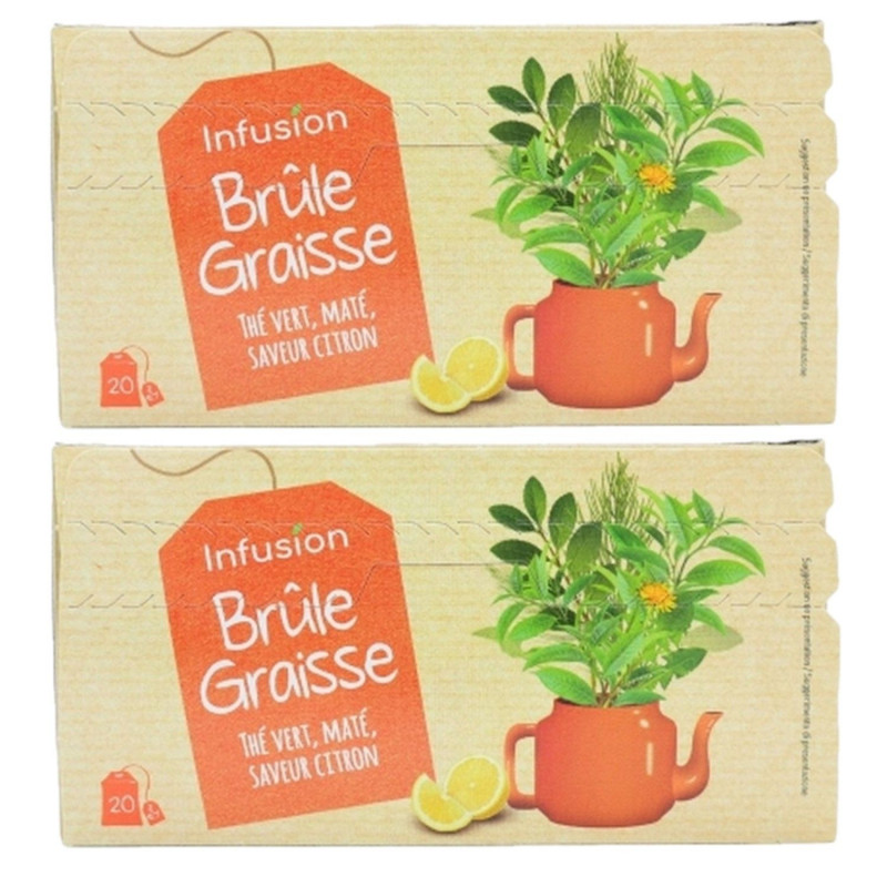 Lot 2x Infusion brûle graisse - Thé vert et maté saveur citron - Boîte 36g