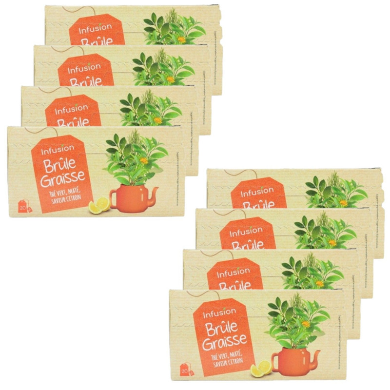 Lot 8x Infusion brûle graisse - Thé vert et maté saveur citron - Boîte 36g