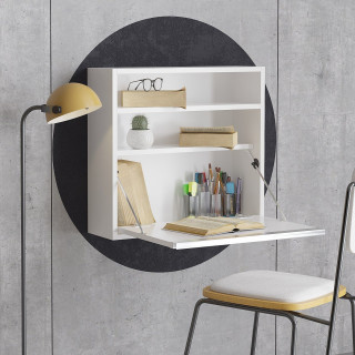 Bureau mural rabattable Blanc avec 2 étagères intégrées - TULUM