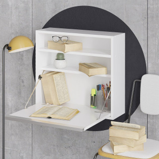 Bureau mural rabattable Blanc avec 2 étagères intégrées - TULUM