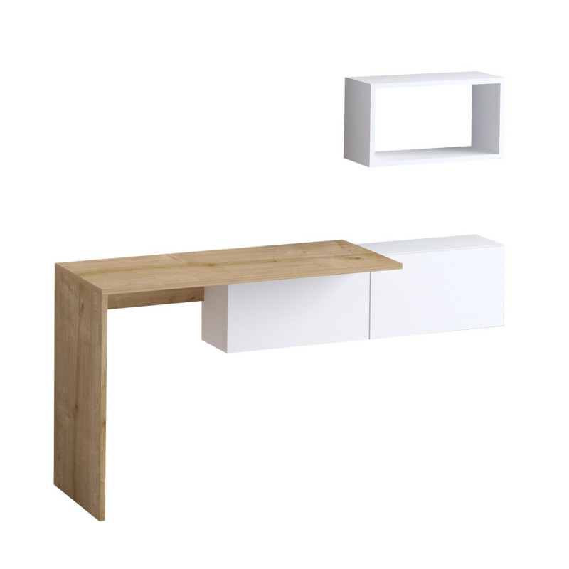 Bureau design asymétrique décor blanc et bois avec rangement mural - TULUM