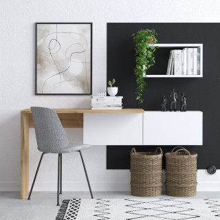 Bureau design asymétrique décor blanc et bois avec rangement mural - TULUM
