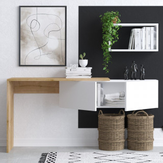 Bureau design asymétrique décor blanc et bois avec rangement mural - TULUM