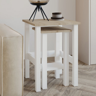 Lot de 2 tables gigognes décor bois clair et blanc - LINO