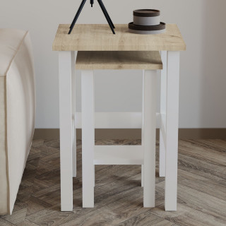 Lot de 2 tables gigognes décor bois clair et blanc - LINO