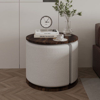Ensemble table basse décor Noyer et pouf blanc gigogne - ORBIT