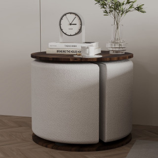Ensemble table basse décor Noyer et pouf blanc gigogne - ORBIT