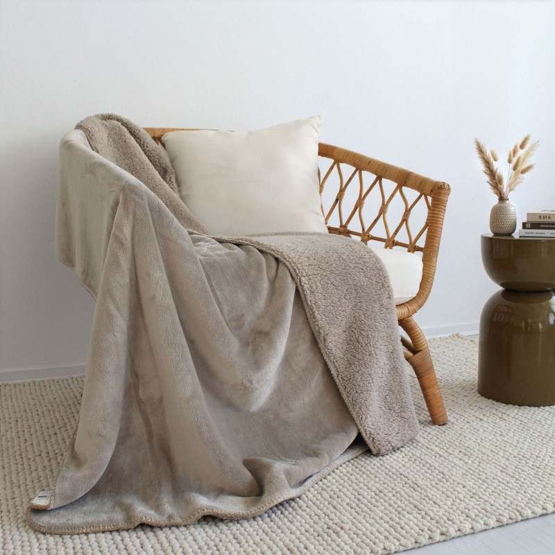 Plaid flanelle doublé sherpa SHERLOCK - 125 x 150 cm - Beige
