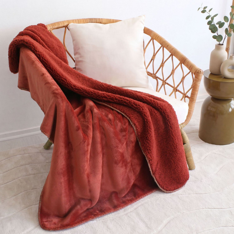 Plaid flanelle doublé sherpa SHERLOCK - 125 x 150 cm - Terre cuite