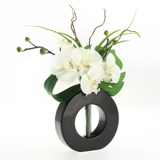 Composition florale vase noir - Hauteur 44 cm - Orchidée fleur blanche