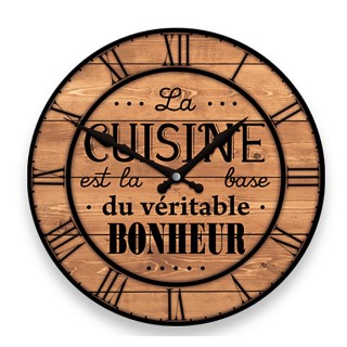 Pendule murale ronde La cuisine est la base du bonheur - Diam. 27 cm - Marron