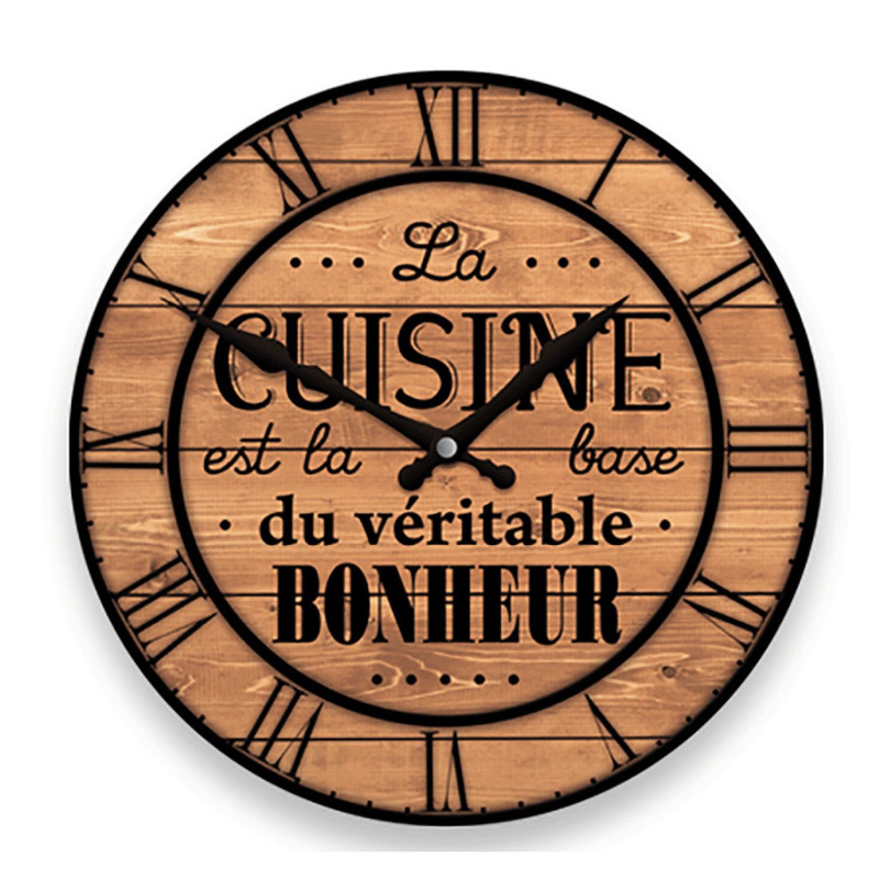 Pendule murale ronde La cuisine est la base du bonheur - Diam. 27 cm - Marron Pendule murale ronde La cuisine est la base du bonheur - Diam. 27 cm - Marron