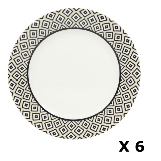 6 Assiettes plates en porcelaine Kumasi - Diam. 26 cm - Blanc et noir