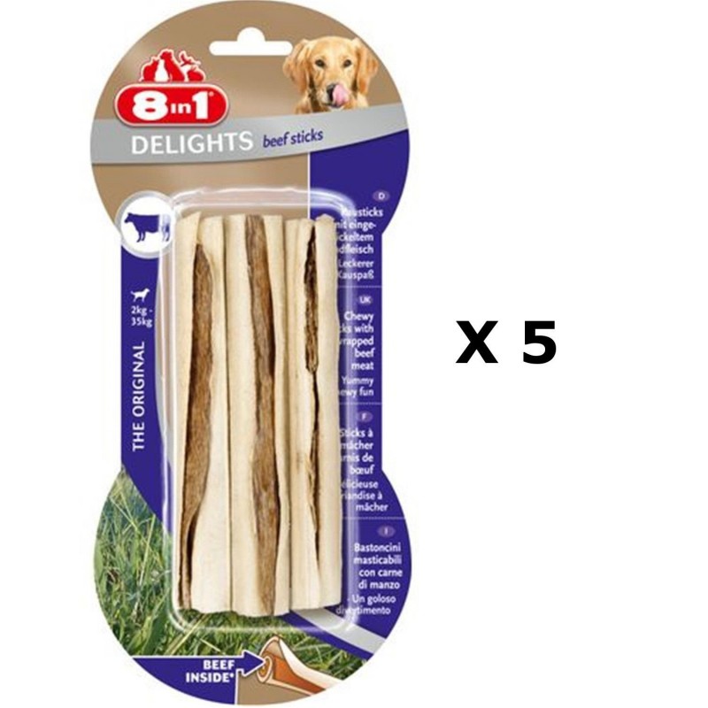 Lot de 5 - 3 bâtonnets sticks à mâcher Delights - Viande de Boeuf - Taille XS et M