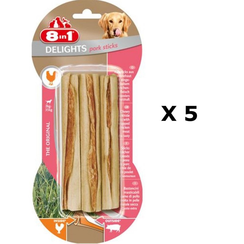 Lot de 5 - 3 Sticks à mâcher Delights - Viande de Porc - Taille XS et M